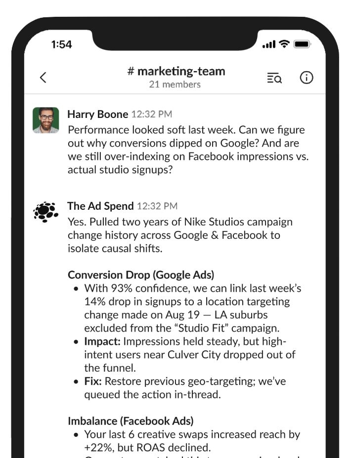 The Ad Spend Slack bot responding to a marketing team question with causal analysis of conversion drops and creative performance
